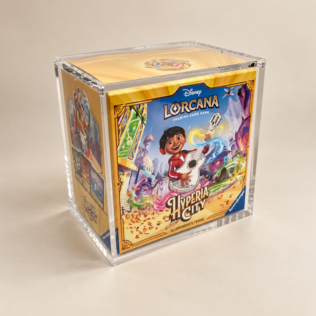 Transparent 6mm tjockt akrylskydd för Disney Lorcana Trove-box, utformat för att skydda förpackningen mot damm och repor.